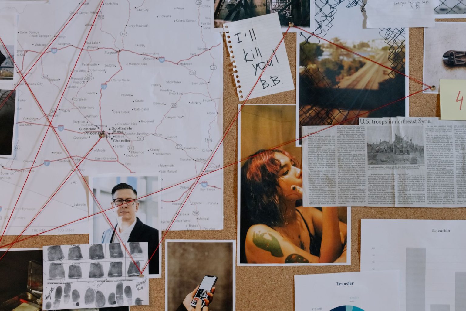 Painel de investigação criminal com fotografias, mapas e fios vermelhos conectando pistas