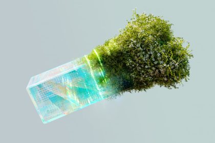 Imagem conceitual que combina elementos tecnológicos e natureza para representar inteligência artificial sustentável.