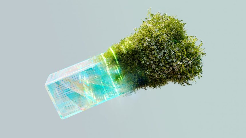Imagem conceitual que combina elementos tecnológicos e natureza para representar inteligência artificial sustentável.