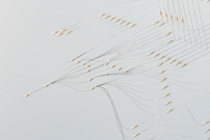 Ilustração abstrata de uma rede neural digital complexa com conexões e fluxo de dados.