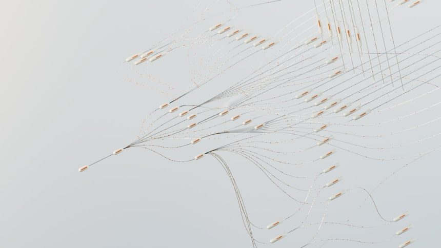 Ilustração abstrata de uma rede neural digital complexa com conexões e fluxo de dados.
