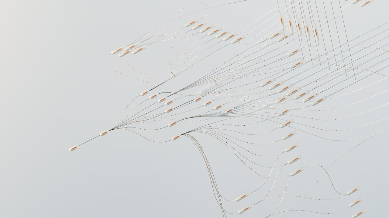 Ilustração abstrata de uma rede neural digital complexa com conexões e fluxo de dados.