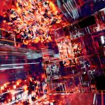 Composição digital abstrata com cubos tridimensionais iluminados em neon e padrões tecnológicos.