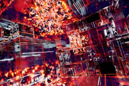 Composição digital abstrata com cubos tridimensionais iluminados em neon e padrões tecnológicos.