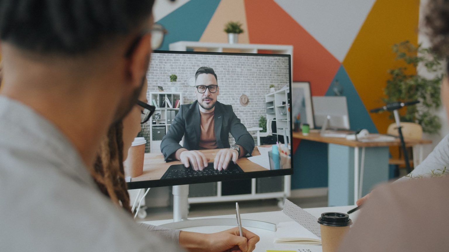 Equipe participa de uma videoconferência com um colega exibido na tela de um computador em um escritório colorido.