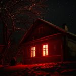Casa assombrada com janelas iluminadas em vermelho sob um céu estrelado