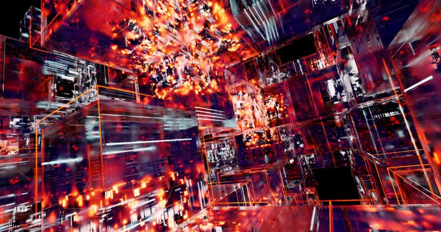 Composição digital abstrata com cubos tridimensionais iluminados em neon e padrões tecnológicos.